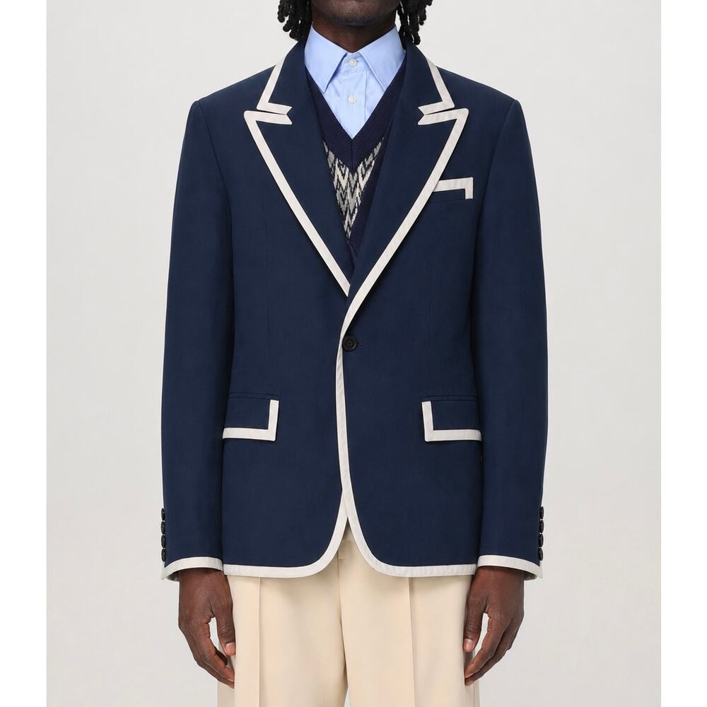 VALENTINO Men’s Blazer Contrast Trim Cotton Jacket Preppy Sport Coat Navy Blue